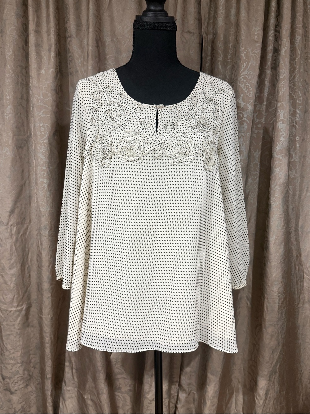 Sophie Max Cream Blouse with Black Dot Print and Embroidered Yoke Detail